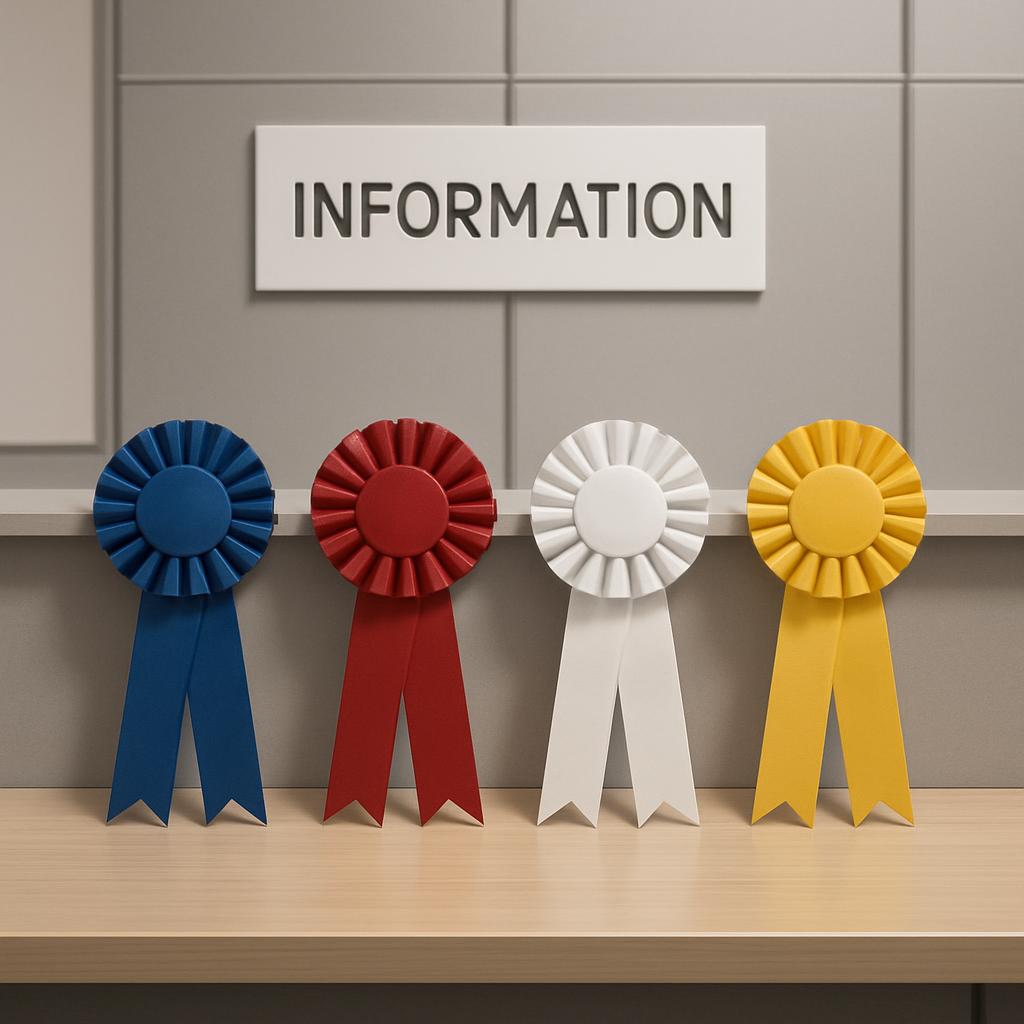 Ribbons of various colors hanging behind a table, with sign reading "information" bracketed by two grey bar walls.