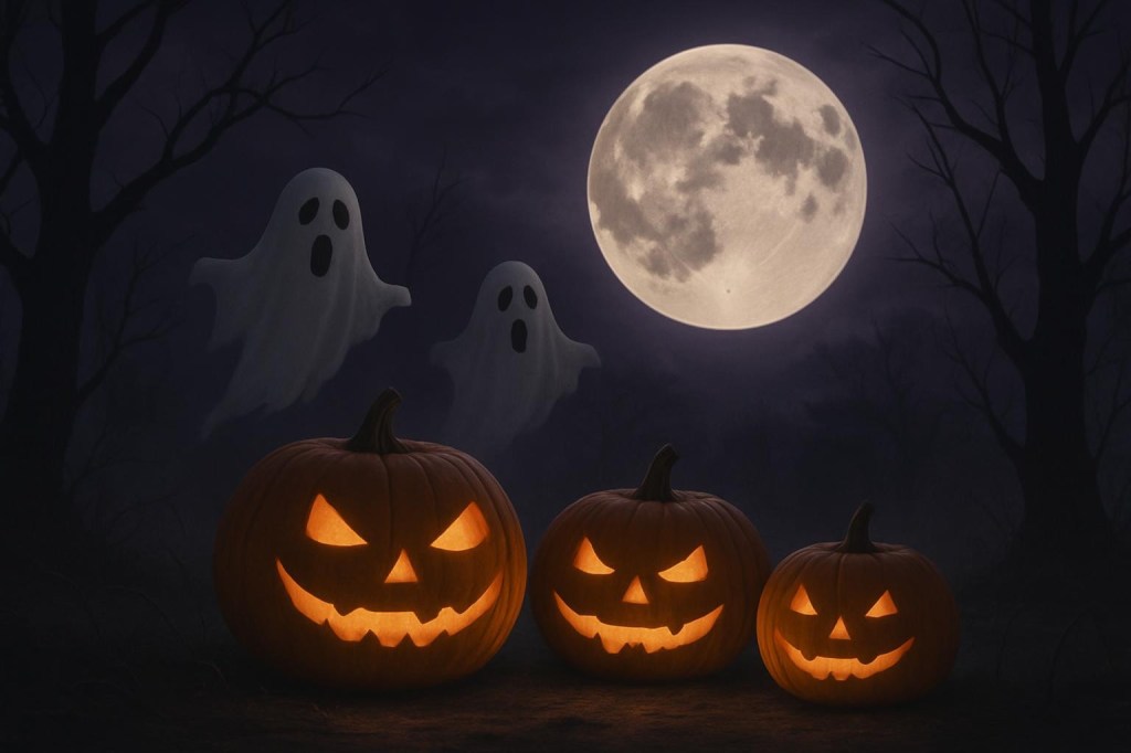 spooky Halloween night with pumpkins, ghosts, dark purple sky, full moon, and eerie trees