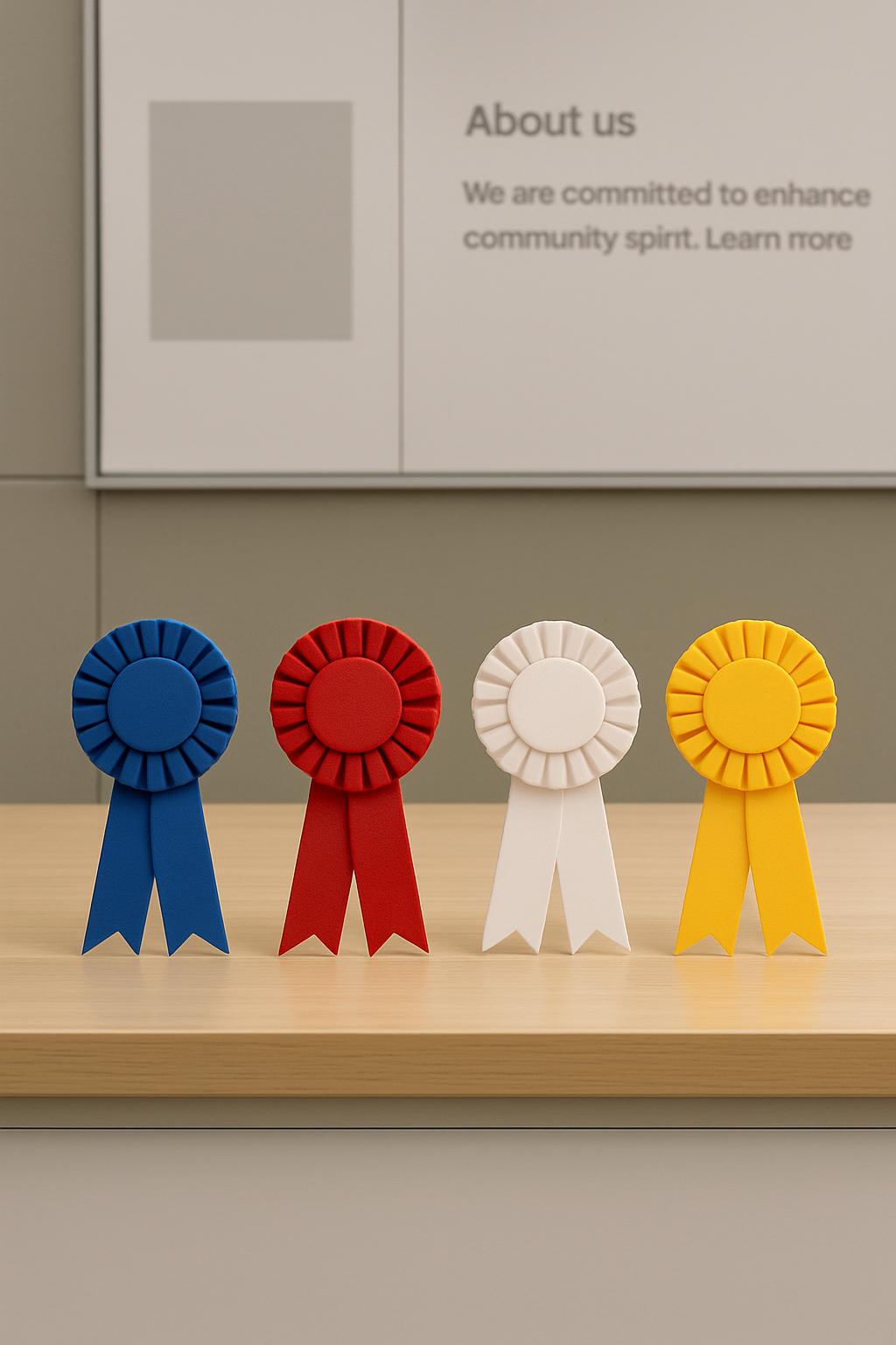 Image of rosettes on a table with a whiteboard in the background.